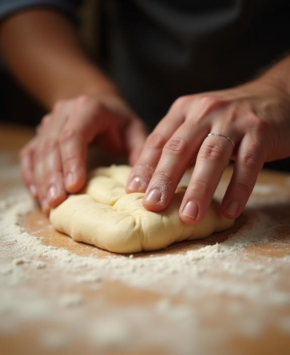 Close-up of a baker's hands skillfully shaping dough on a floured wooden surface.