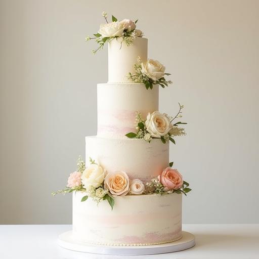 A multi-tiered bespoke cake decorated with fresh flowers.